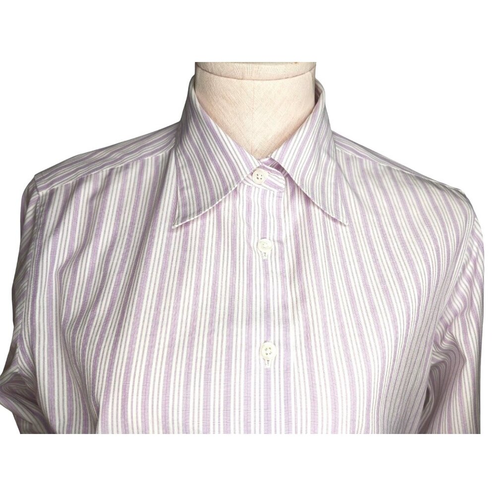 Brooks Brothers Size 8 Stretch Classic Fit White Lilac Vertical Striped Blouse